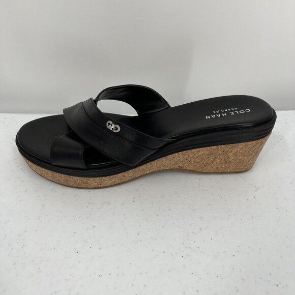 Cole Haan Women's Black Leather Cork Wedge Sandals Size 9.5B - Picture 3 of 11
